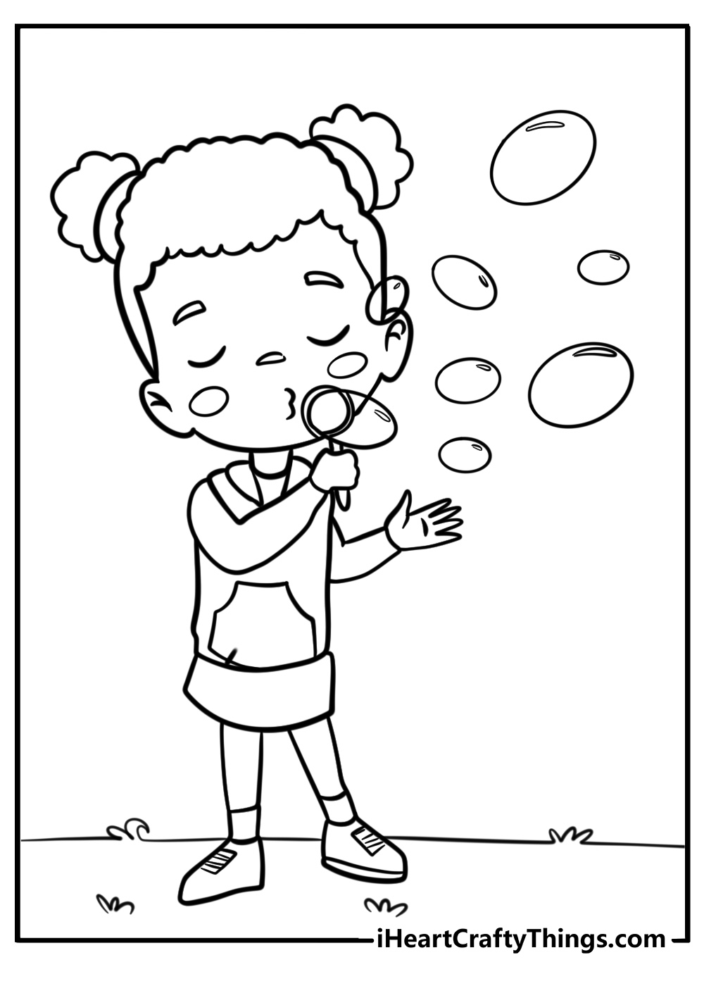 Black girl blowing bubbles free coloring page pdf