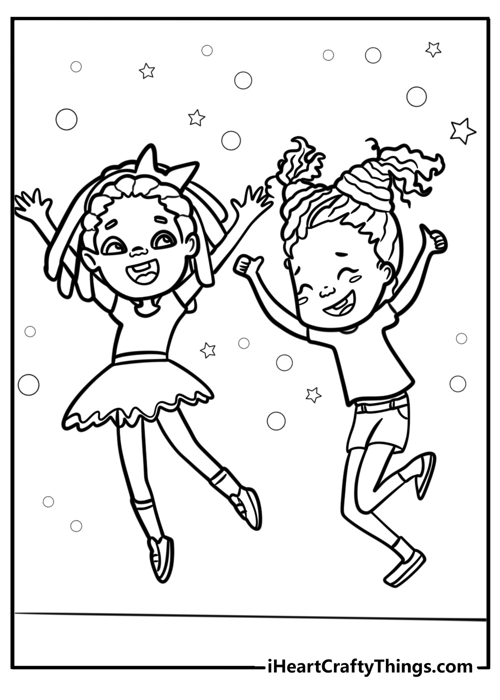 Black girl dancing with her friends printable coloring page