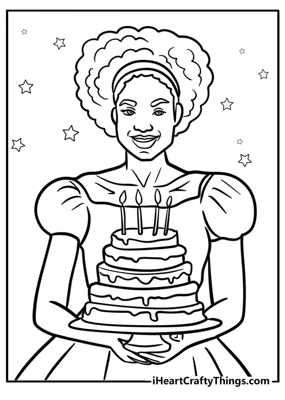 Black girl holding a birthday cake coloring page