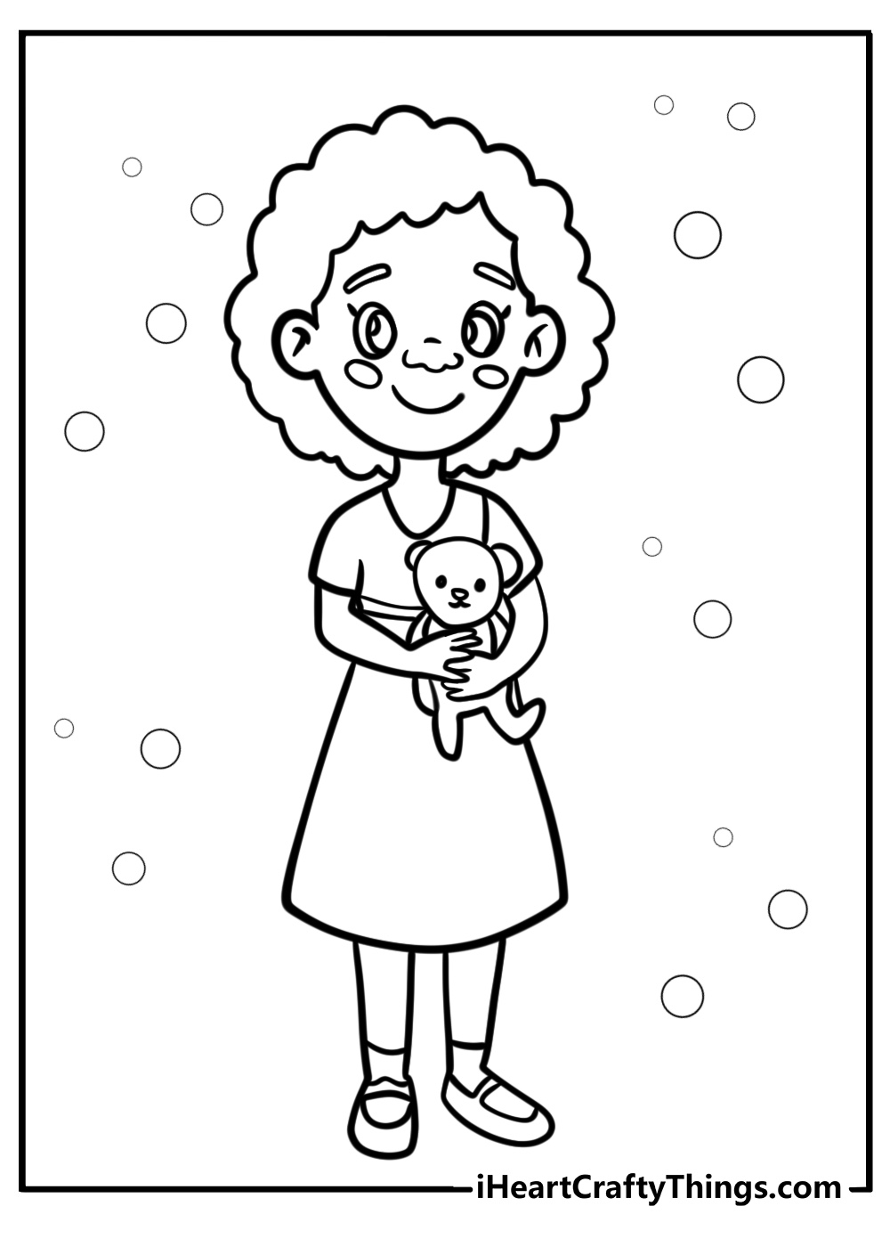 Black girl holding a teddy bear fun coloring sheet