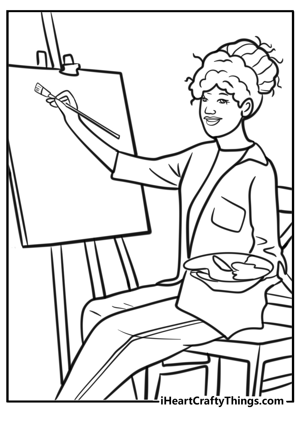 Black girl painting on a canvas free printable coloring page