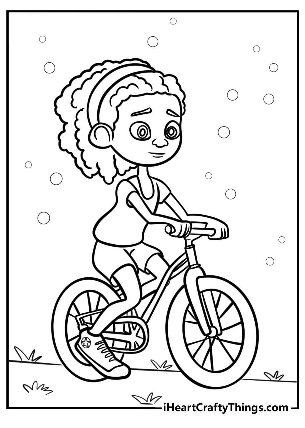 Black girl riding a bicycle coloring page for kids