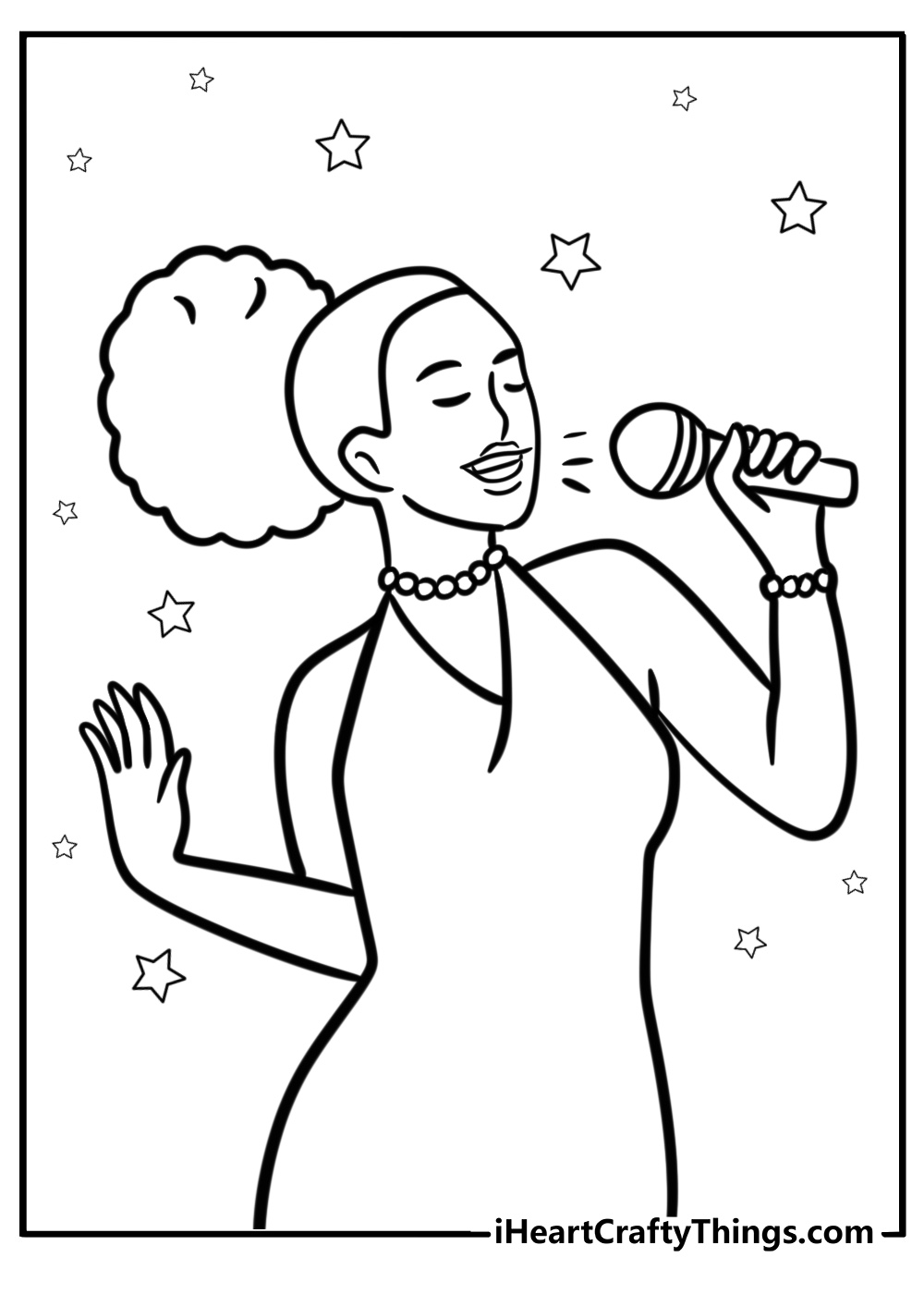 Black girl singing into a microphone printable coloring page