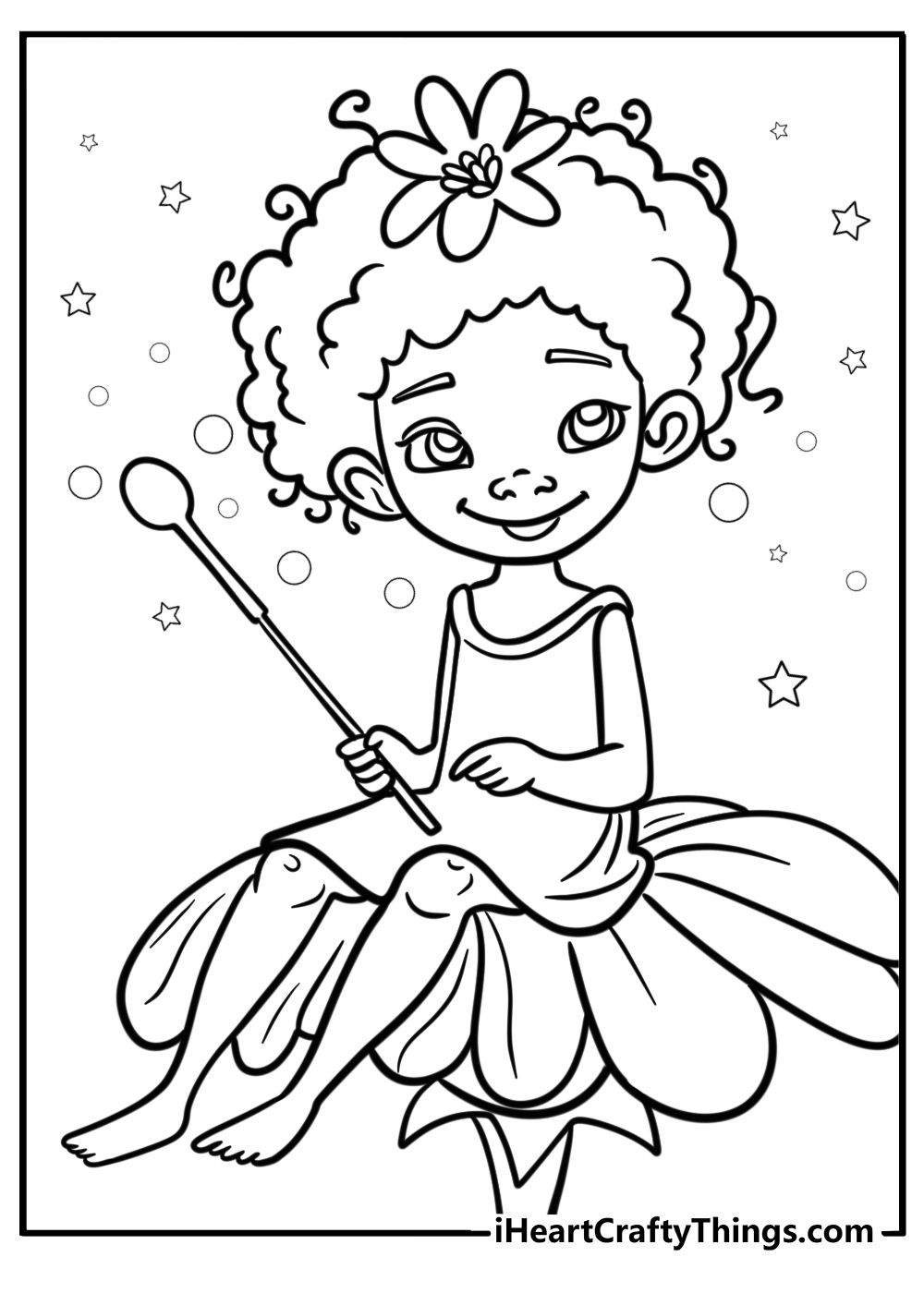 Black girl sitting in a flower field free coloring page pdf