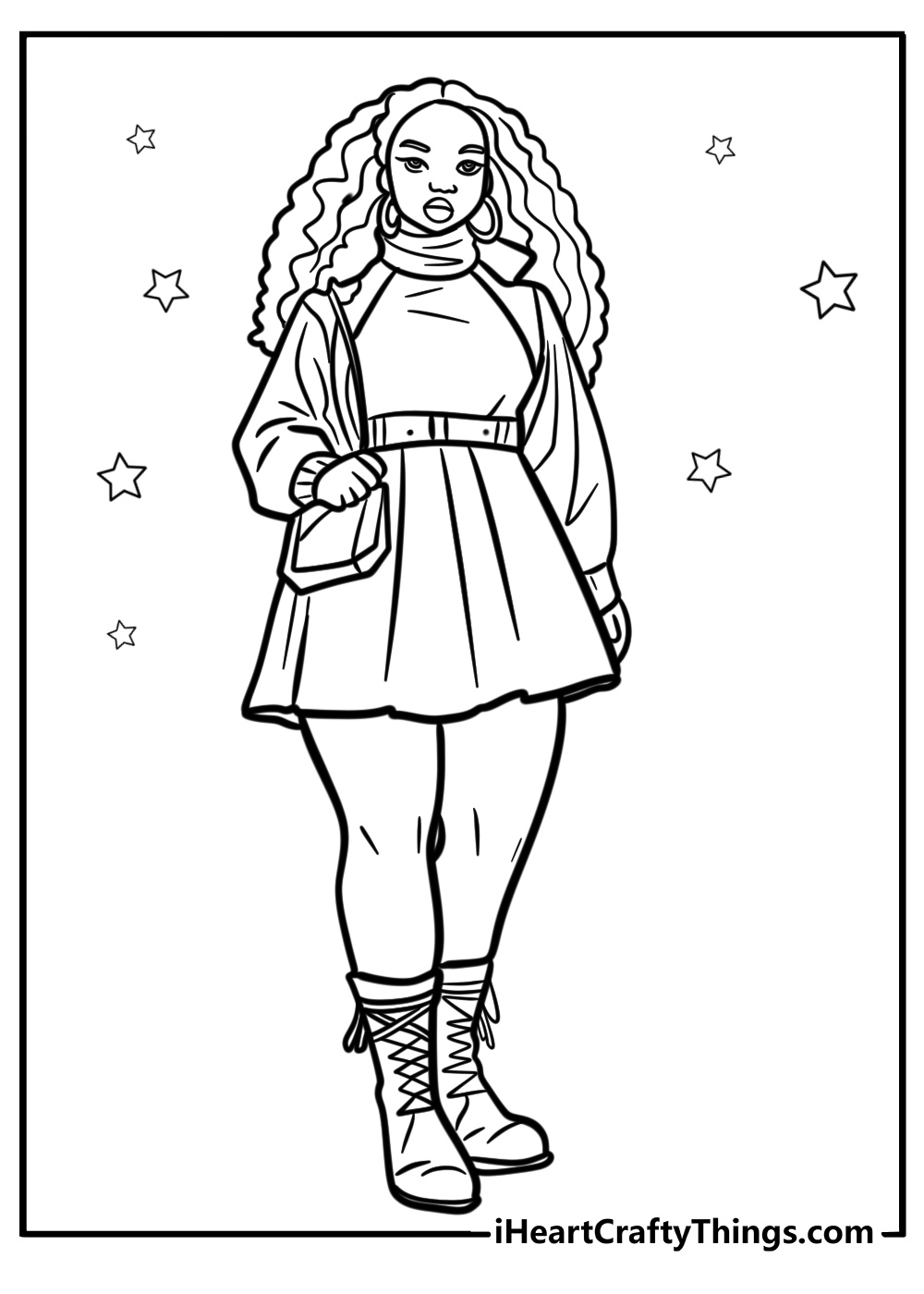 Black girl wearing a cute dress detailed coloring sheet