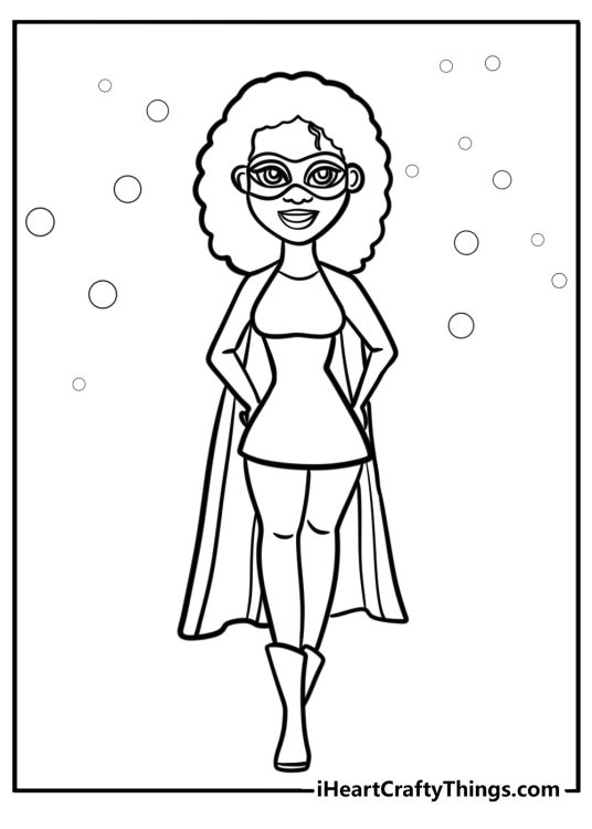Black girl wearing a superhero cape detailed coloring sheet