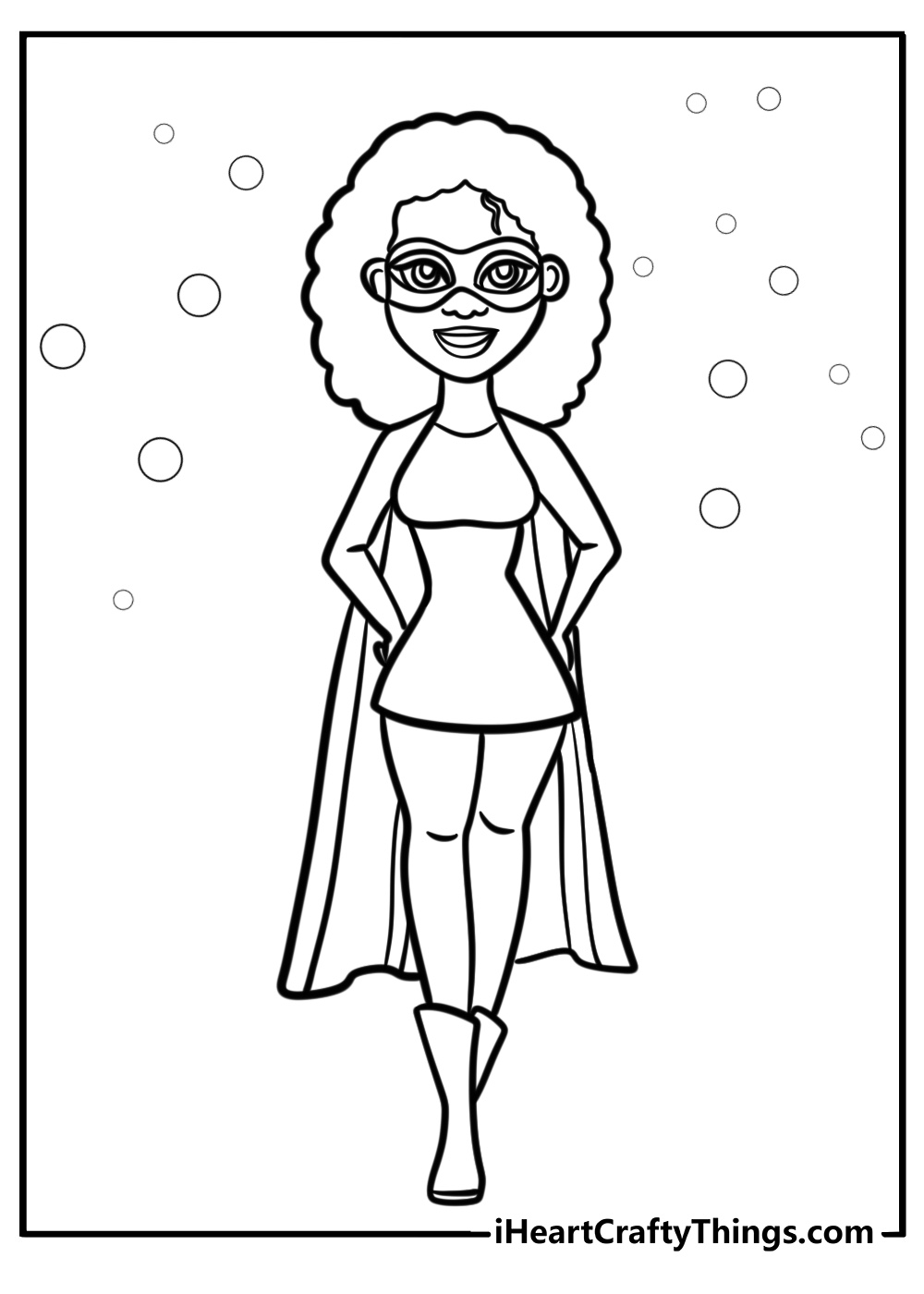 Black girl wearing a superhero cape detailed coloring sheet