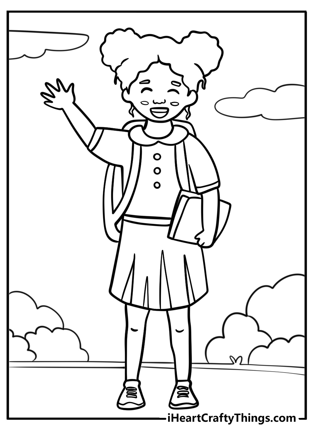 Black girl with a backpack heading to school detailed coloring sheet