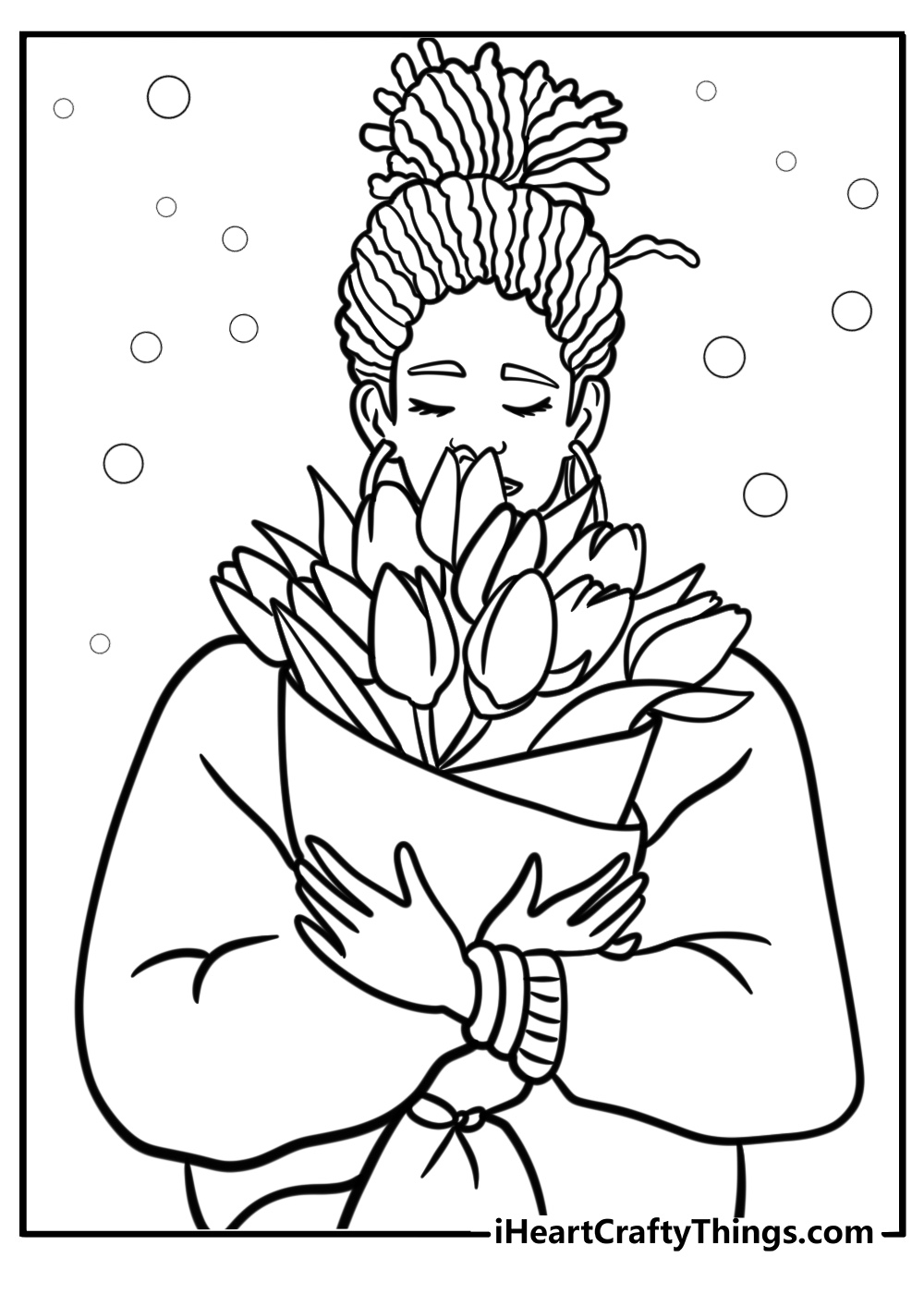 Black girl with braids holding a flower coloring page