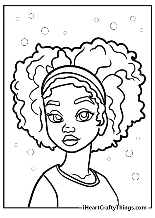 Black girl with natural curls and a headband fun coloring sheet