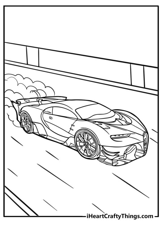 Bugatti at full speed on the highway free printable coloring page