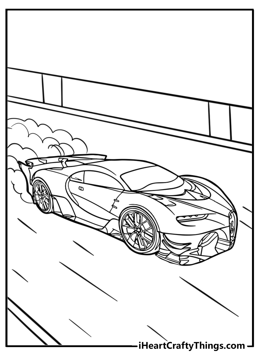 Bugatti at full speed on the highway free printable coloring page