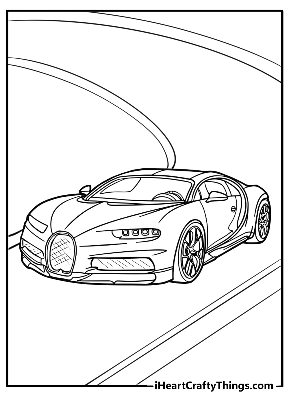 Bugatti chiron speeding on the road coloring page for kids