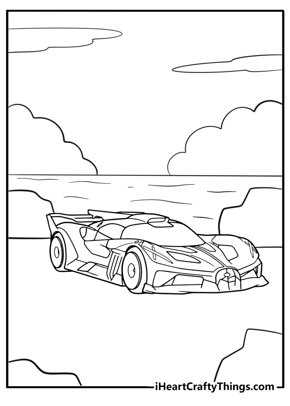 Bugatti driving along a coastal road fun coloring sheet