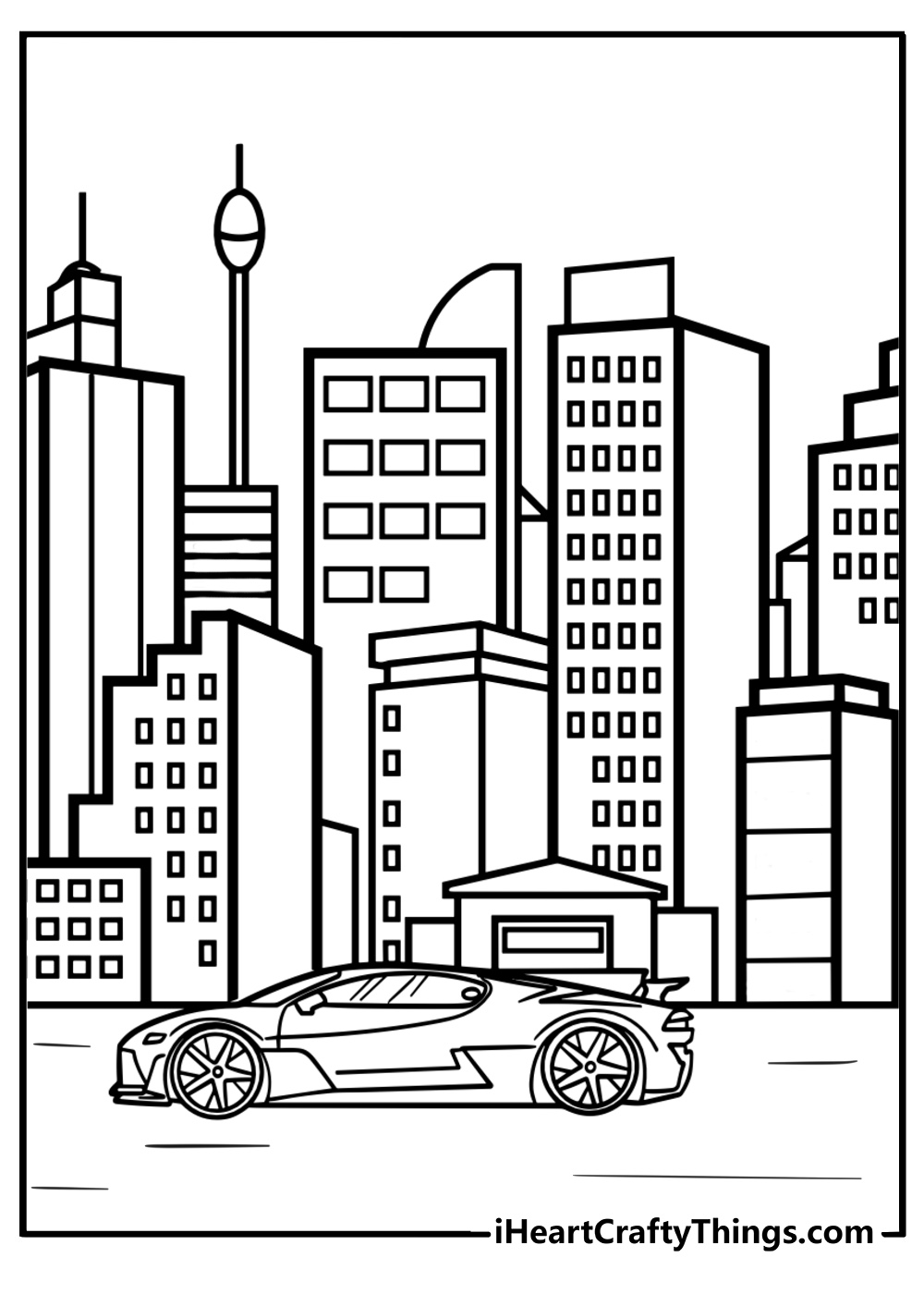 Bugatti driving through a cityscape free coloring page pdf