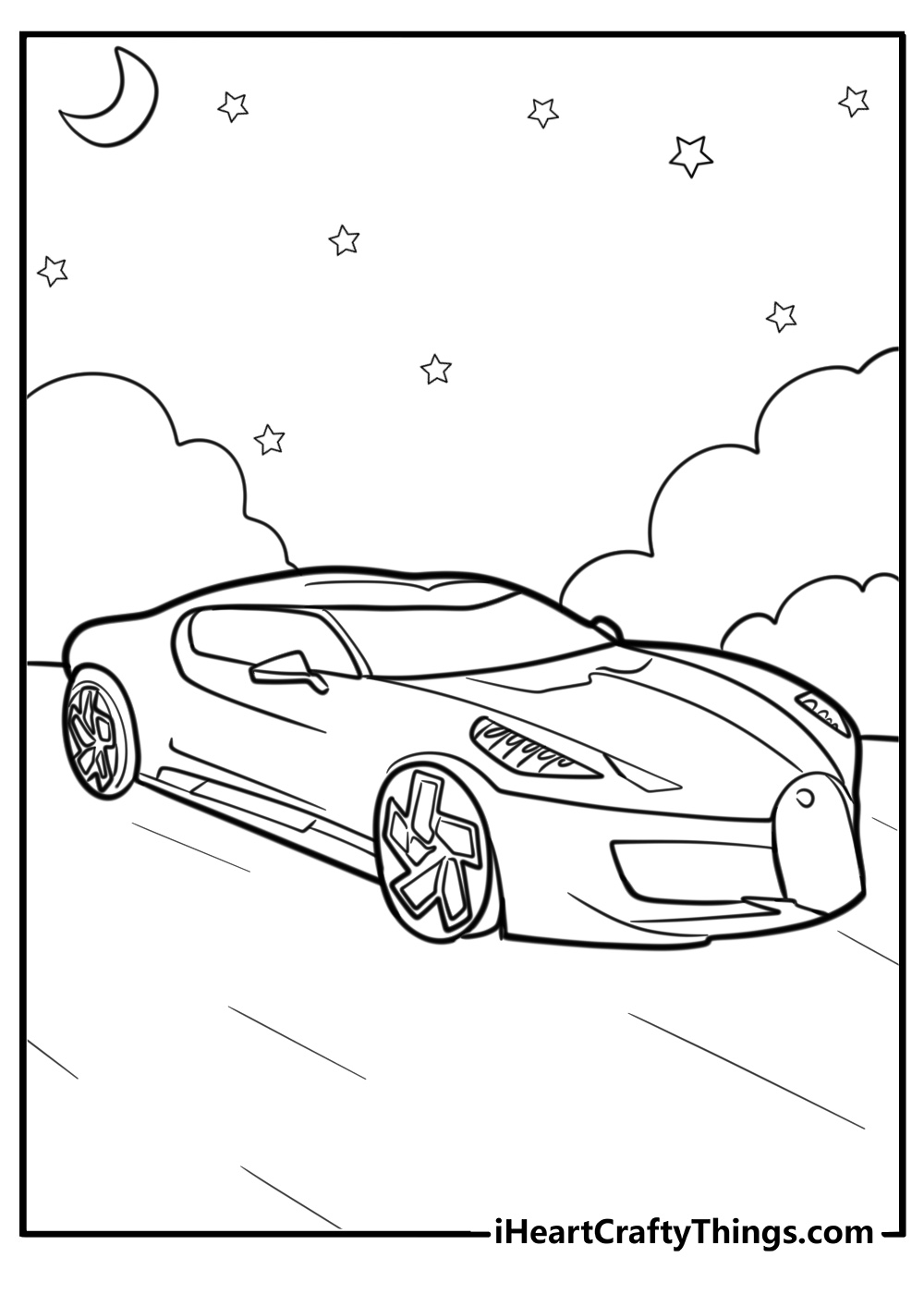 Bugatti la voiture noire under a night sky printable coloring page