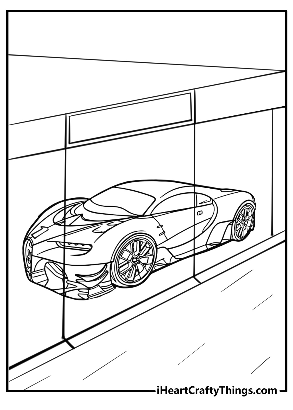 Bugatti luxury car in an open garage detailed coloring sheet