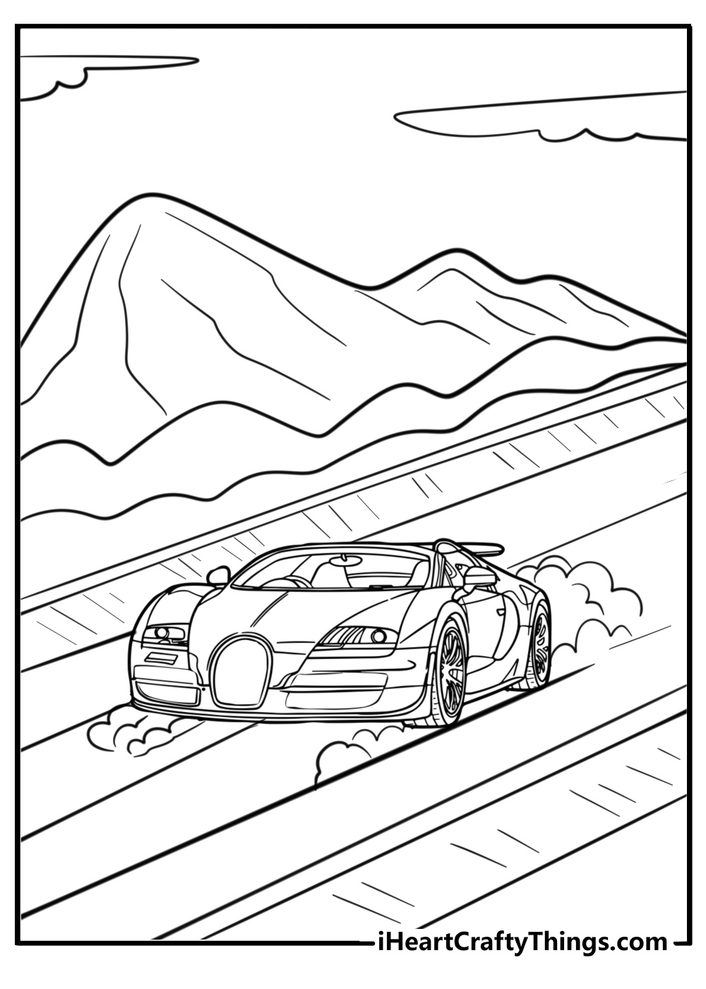 Bugatti on a scenic mountain drive fun coloring sheet for kids