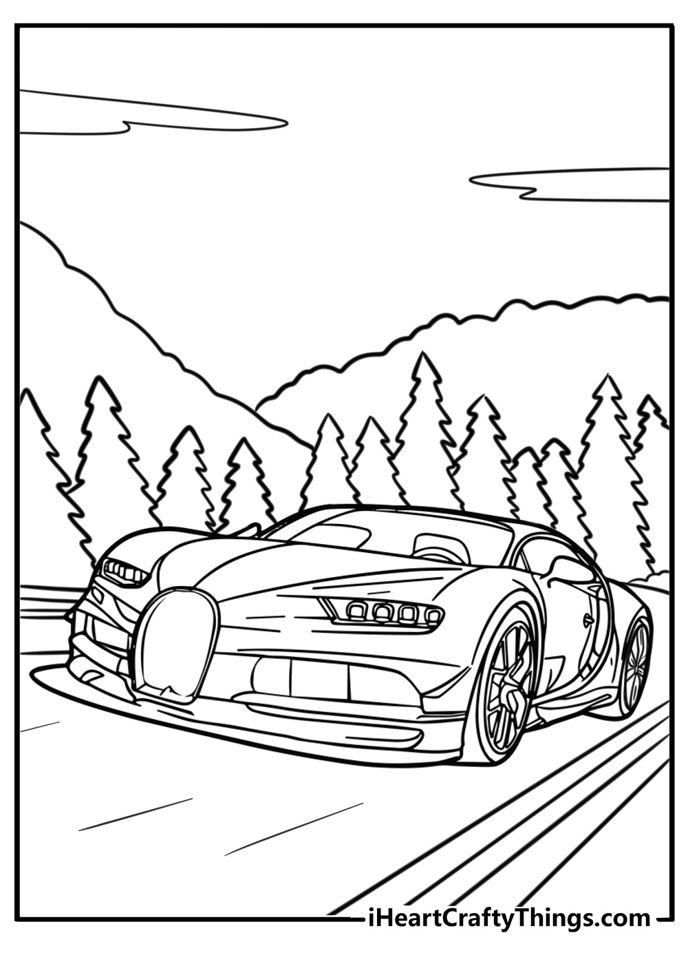 Bugatti racing along a winding road free coloring page pdf