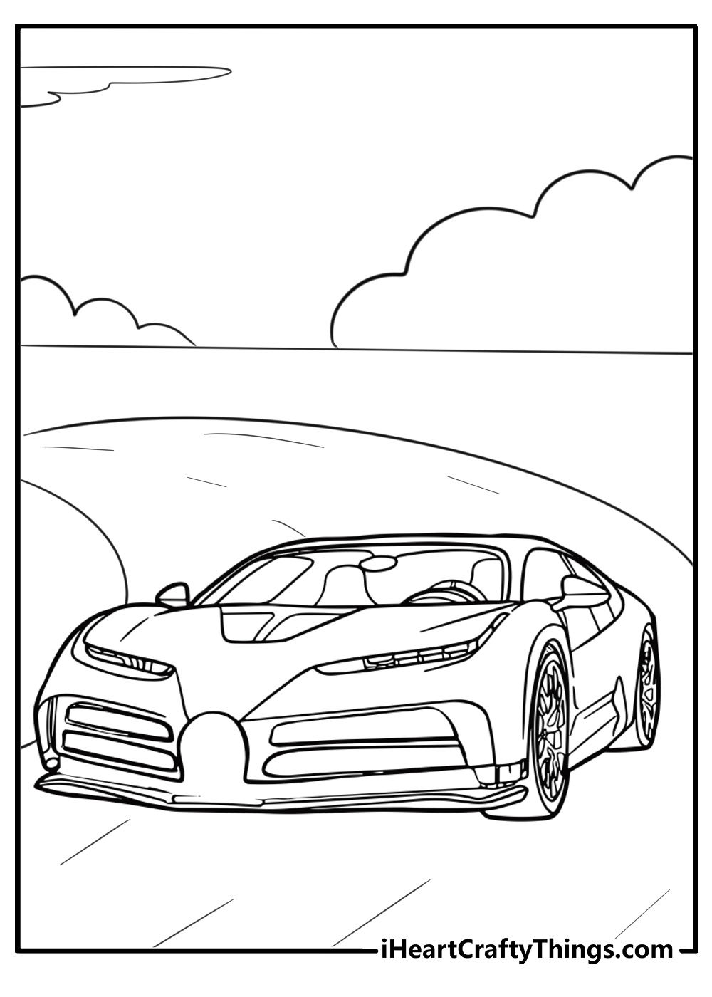 Bugatti racing on an open track detailed coloring sheet