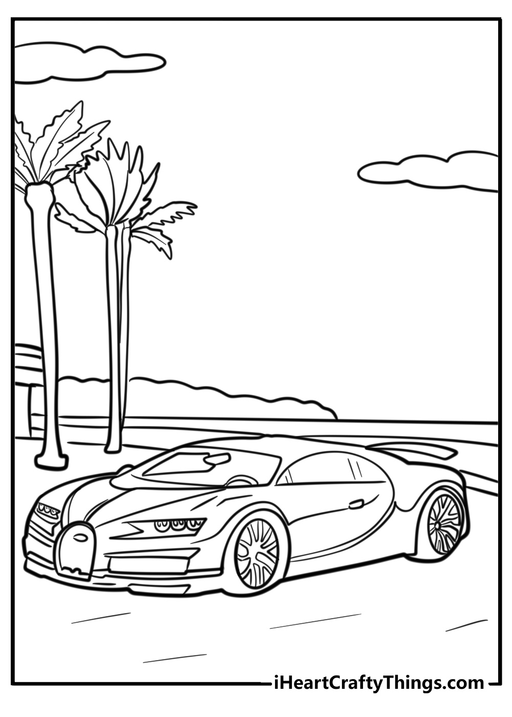 Bugatti sports car parked by the coast free printable page