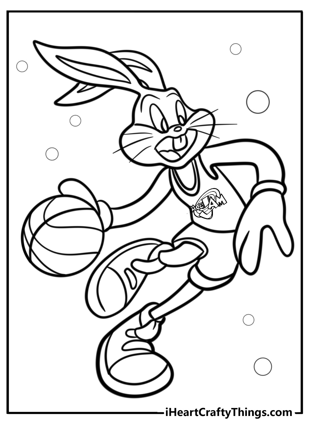 Bugs Bunny dribbling a basketball coloring page for kids