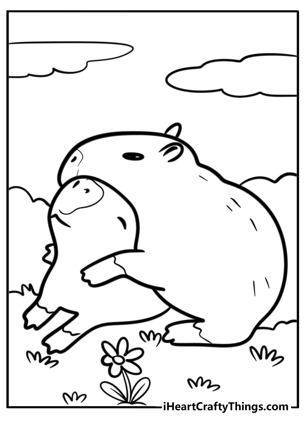 Capybara and her baby snuggling free coloring page pdf