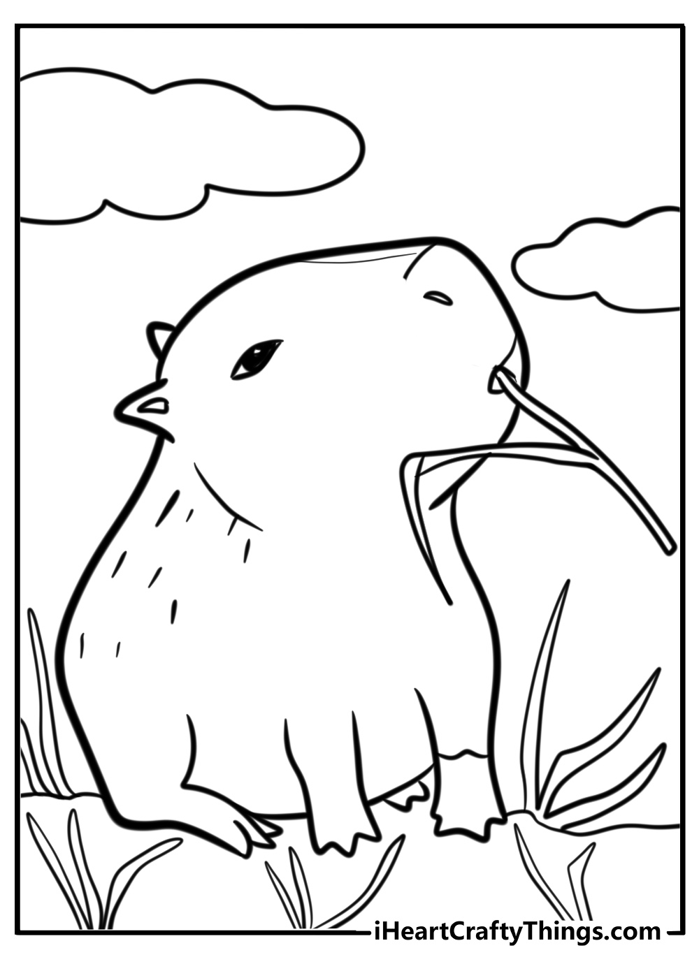 Capybara eating grass detailed coloring sheet