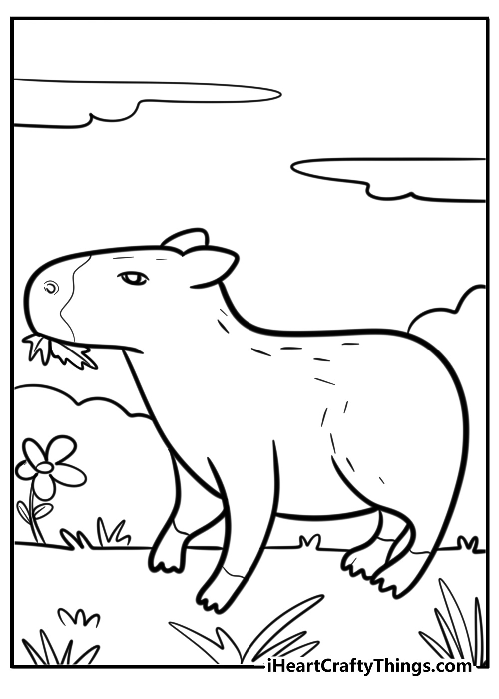 Capybara eating leaves detailed coloring sheet