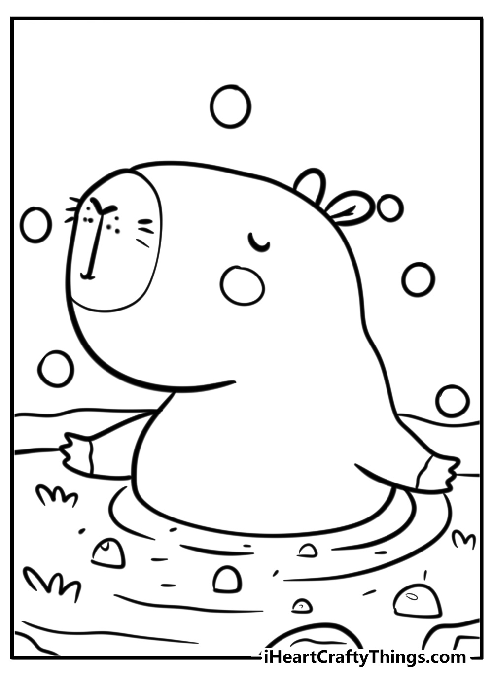 Capybara enjoying a mud bath fun printable coloring sheet