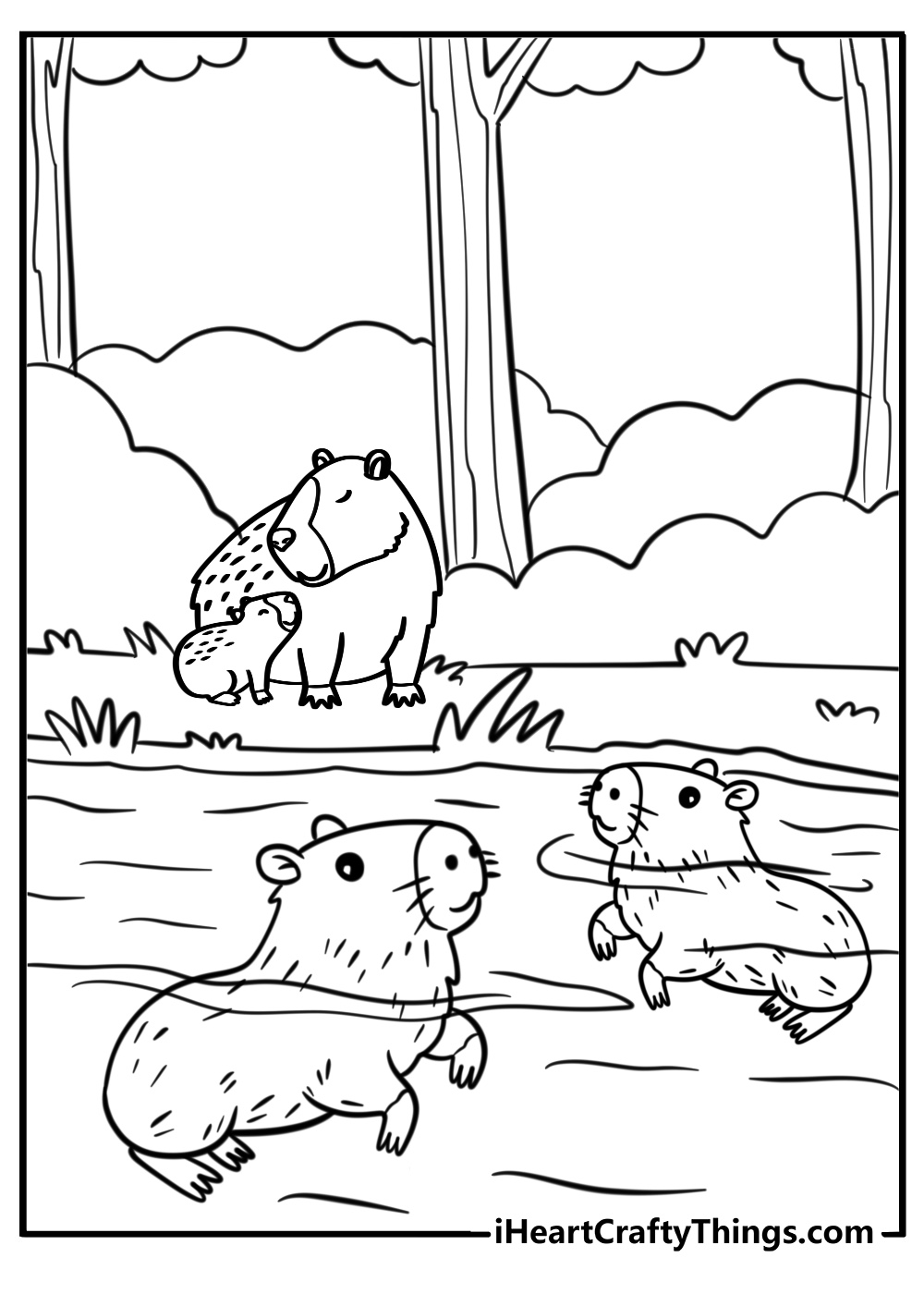 Capybara family near the water free coloring page pdf