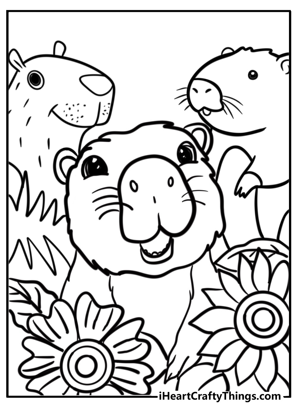 Capybara in a group with other capybaras fun coloring sheet