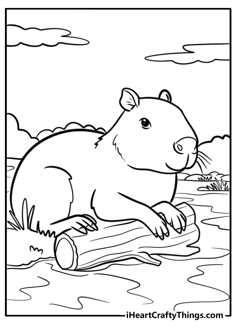 Capybara lounging by the riverbank detailed coloring page