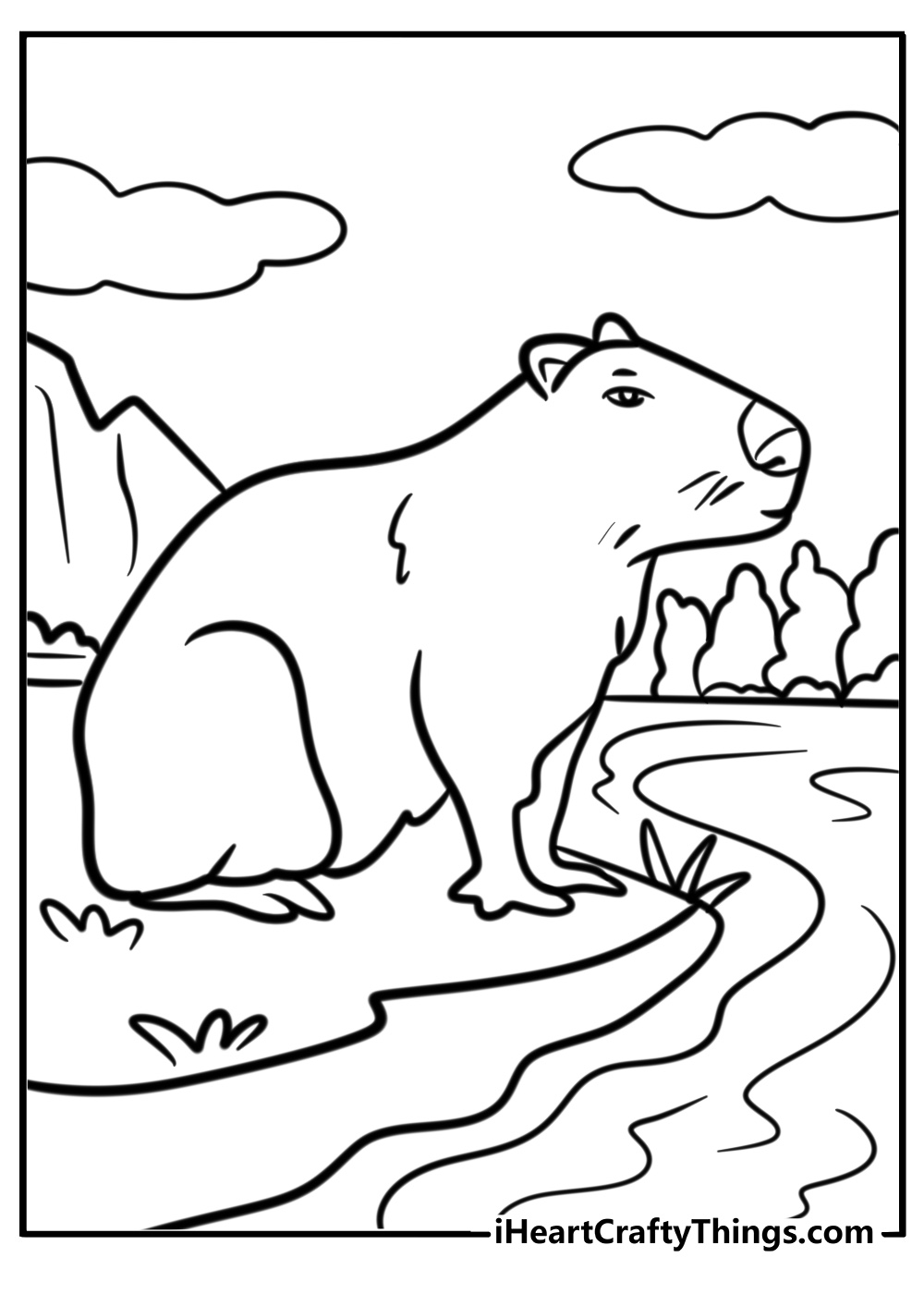 Capybara near a river detailed coloring sheet