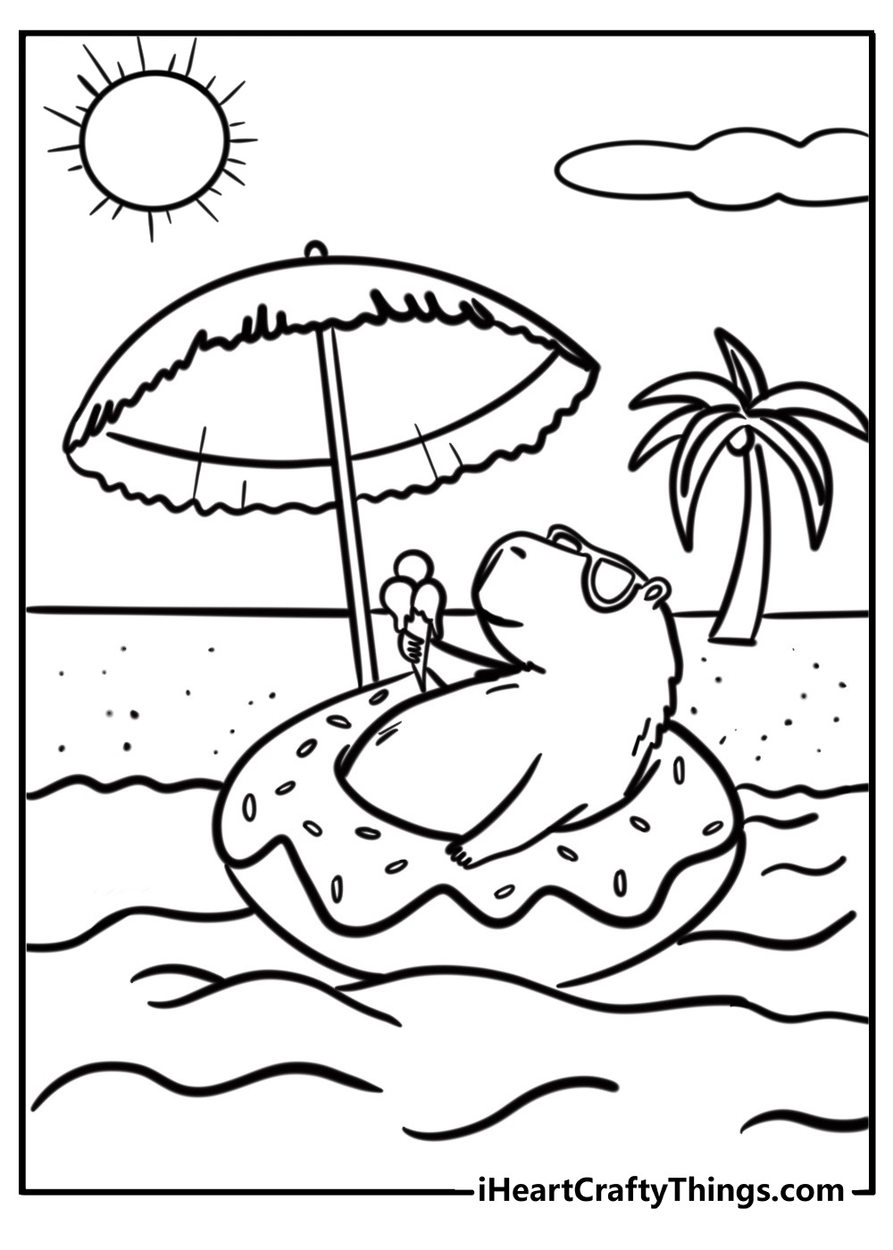 Capybara relaxing in the sunshine free coloring page pdf