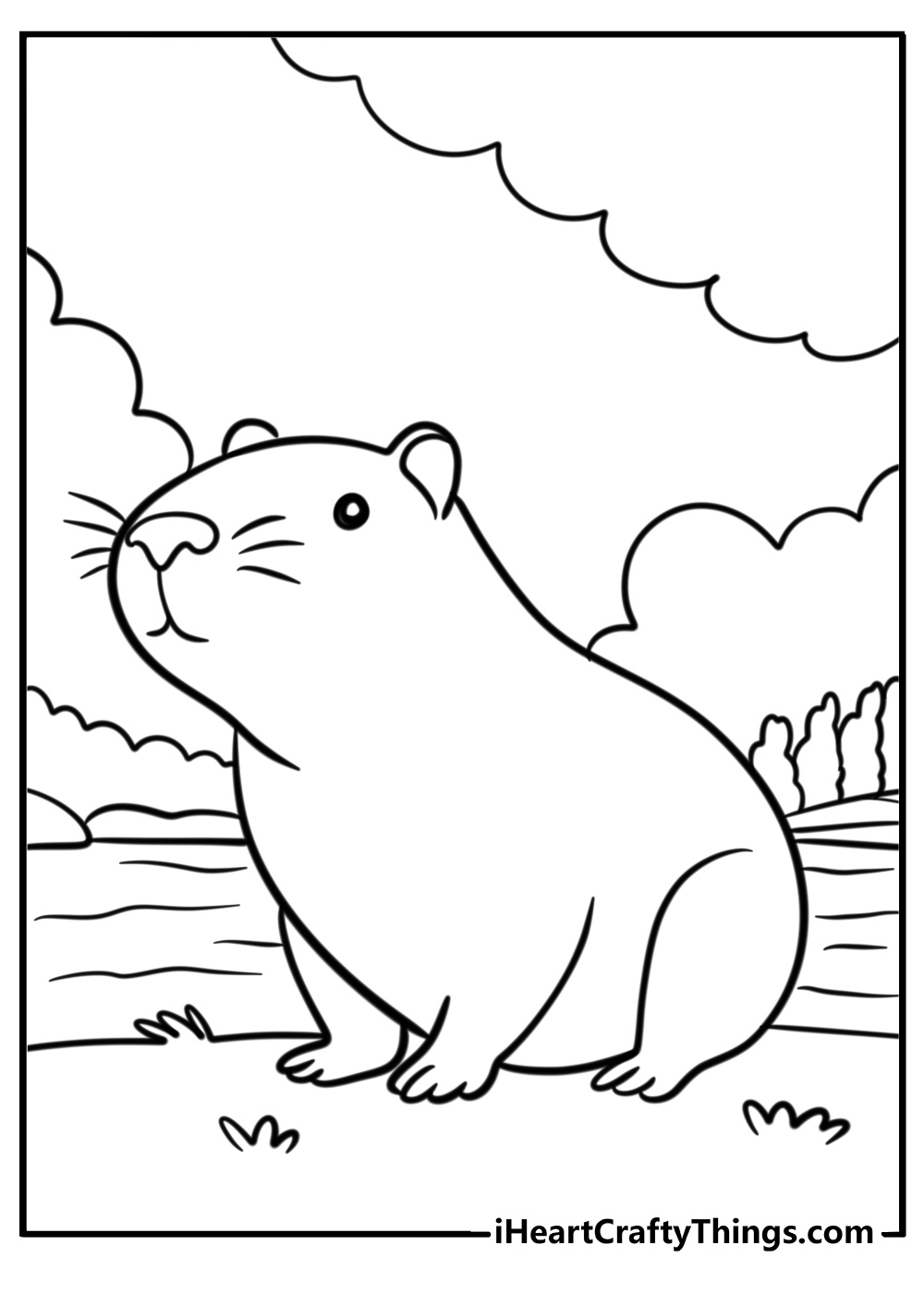 Capybara relaxing near a pond free coloring page pdf