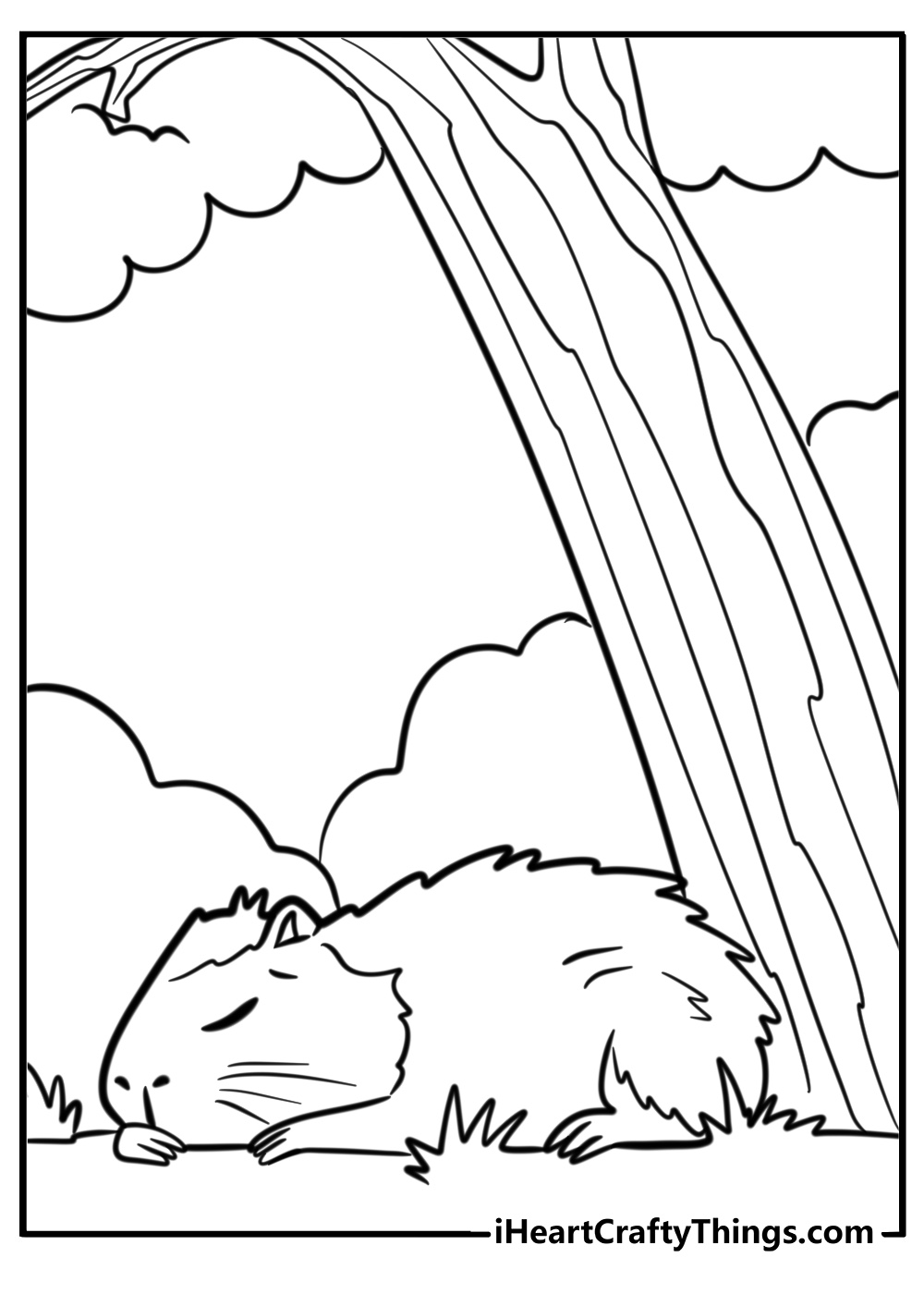 Capybara resting under a tree detailed coloring sheet