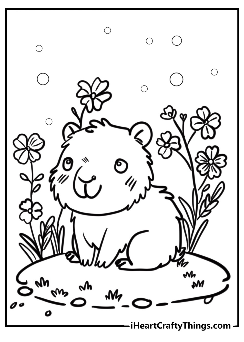 Capybara surrounded by flowers free printable coloring page