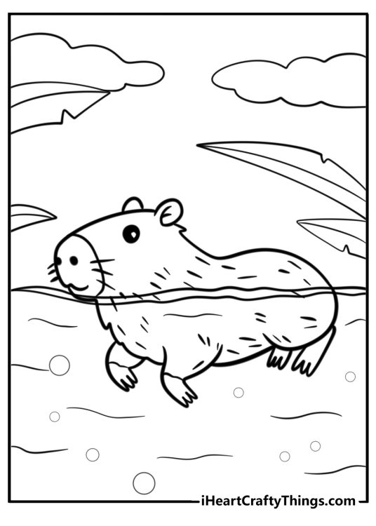 Capybara swimming in the water free printable coloring page