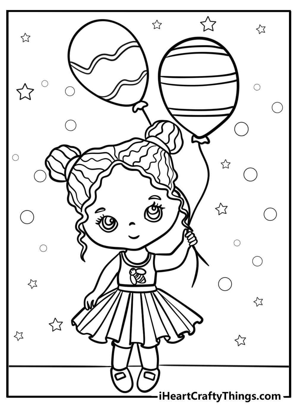 Cartoon black girl holding balloons fun coloring sheet