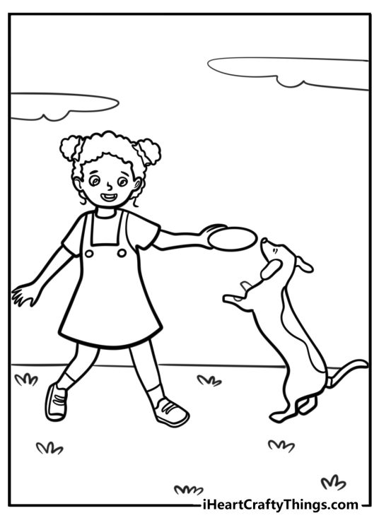 Cartoon black girl playing with her dog fun printable coloring sheet
