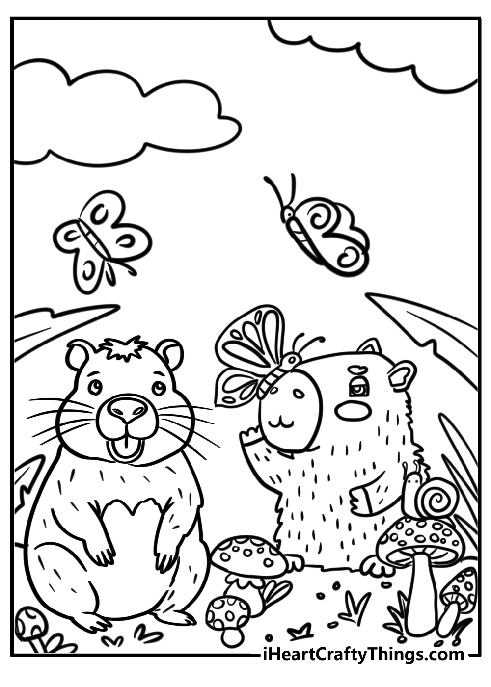 Cartoon capybara playing with friends fun coloring sheet