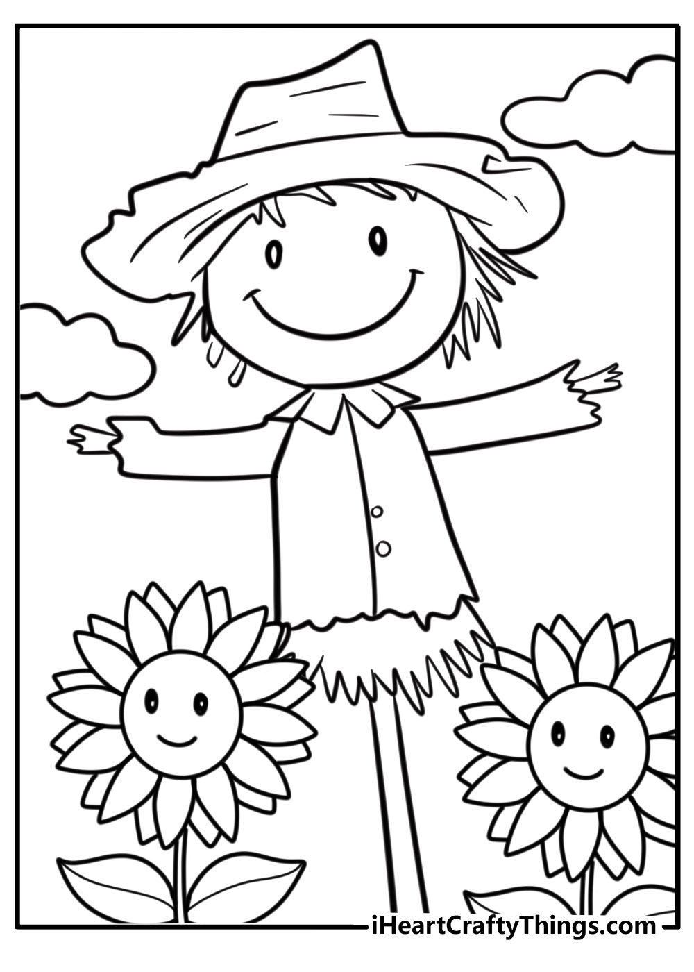 Cartoon scarecrow in a sunflower patch fun coloring sheet