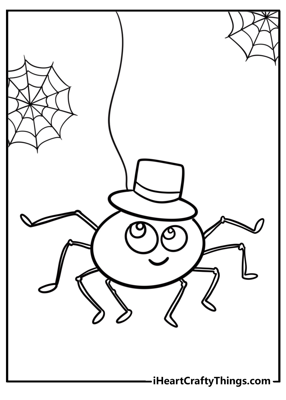 Cartoon spider with a tiny hat fun coloring sheet for kids