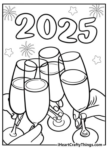 Cheers to 2025 with champagne glasses fun coloring sheet