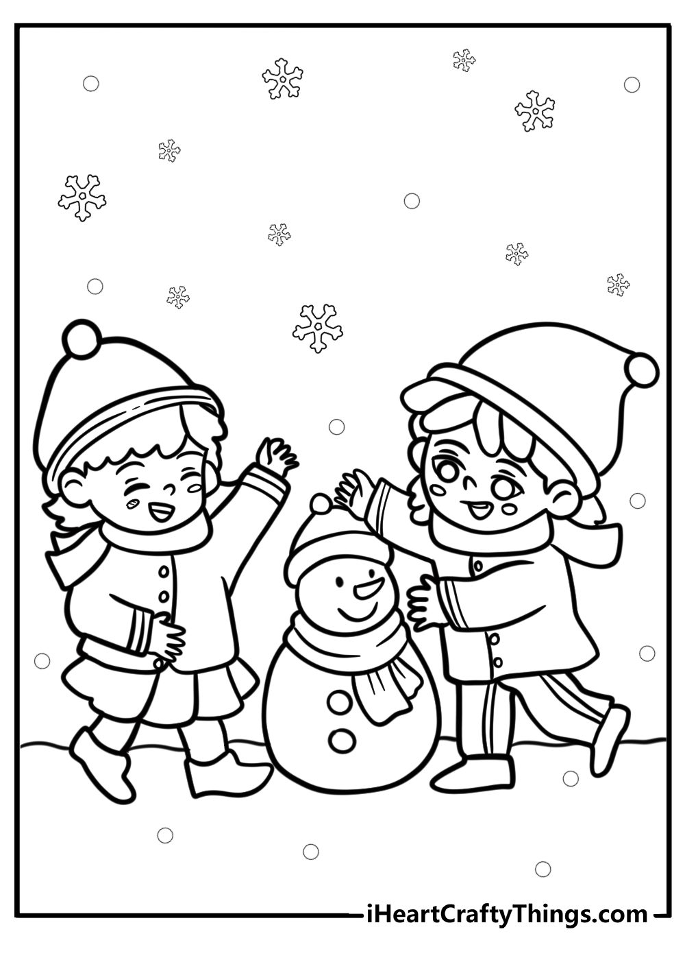 Children playing in the snow free winter coloring page