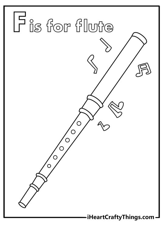 coloring pages of the letter F with a flute and music notes