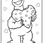 Cookie monster holding a heart shaped cookie free printable coloring page