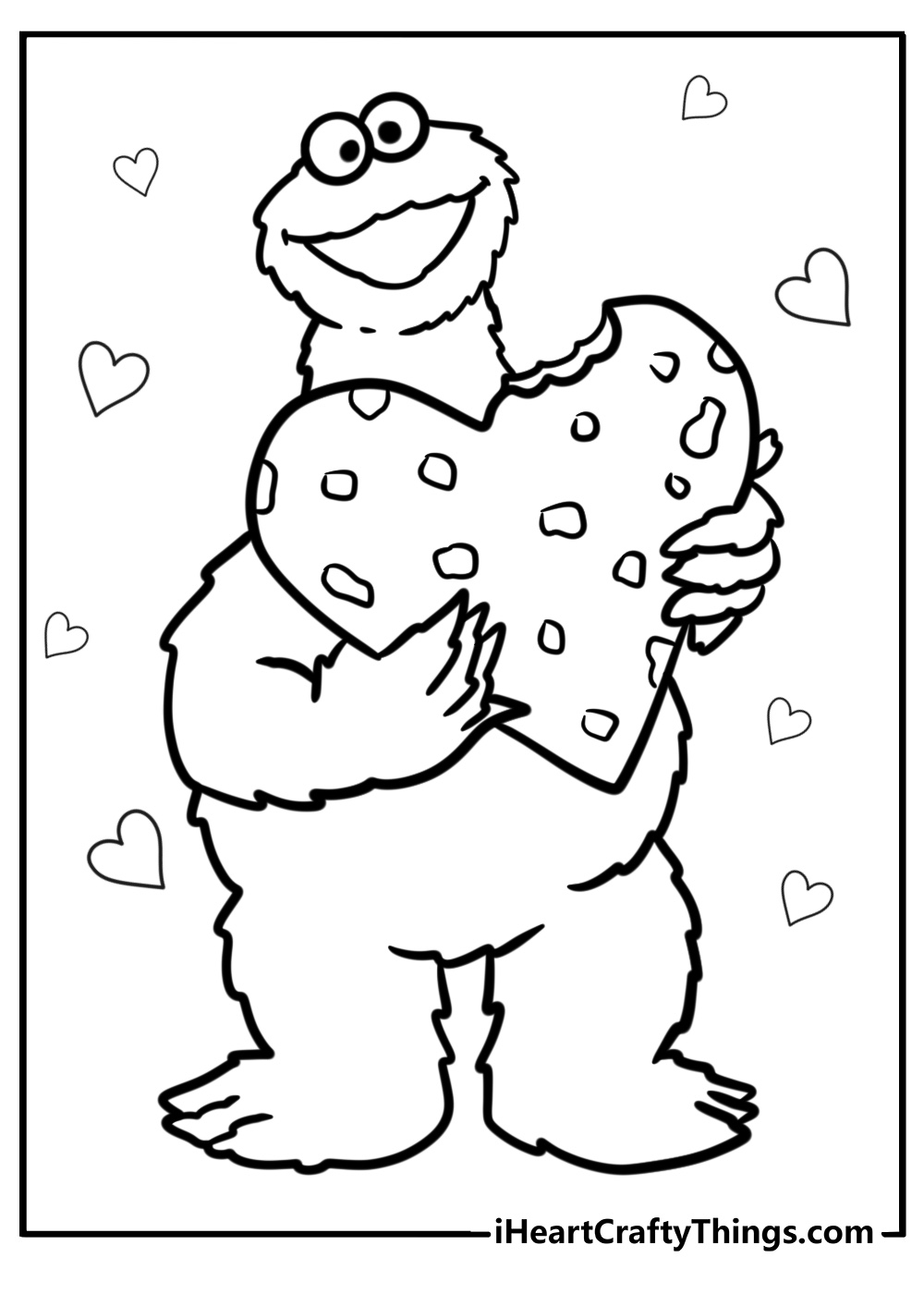 Cookie monster holding a heart shaped cookie free printable coloring page