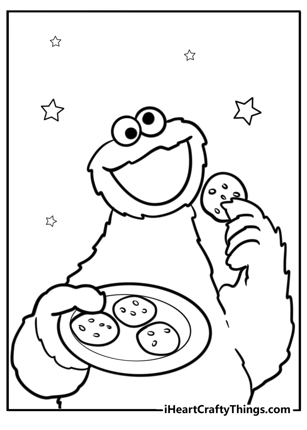 Cookie monster holding a plate of cookies free coloring page pdf